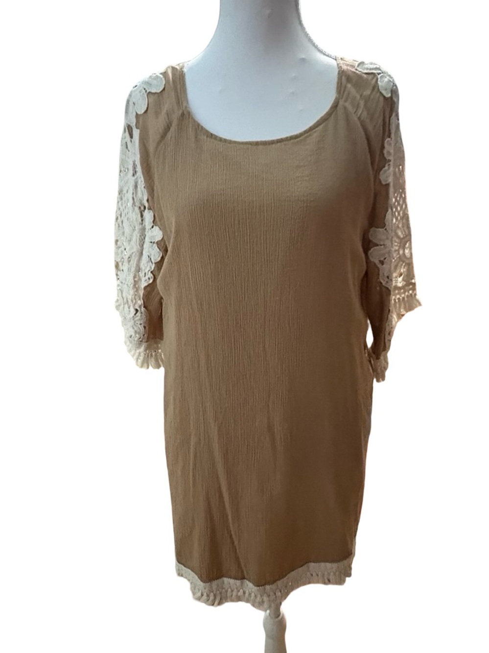 Umgee Tan Dress with Cream Crochet Sleeves
